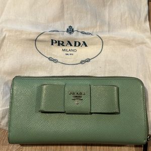 Prada mint bow zip wallet with box & COA